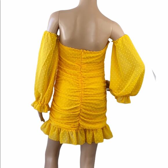 New House of Chic Yellow  Off The Shoulder Lantern Sleeve Cutout Bodycon Dress S - Picture 8 of 9